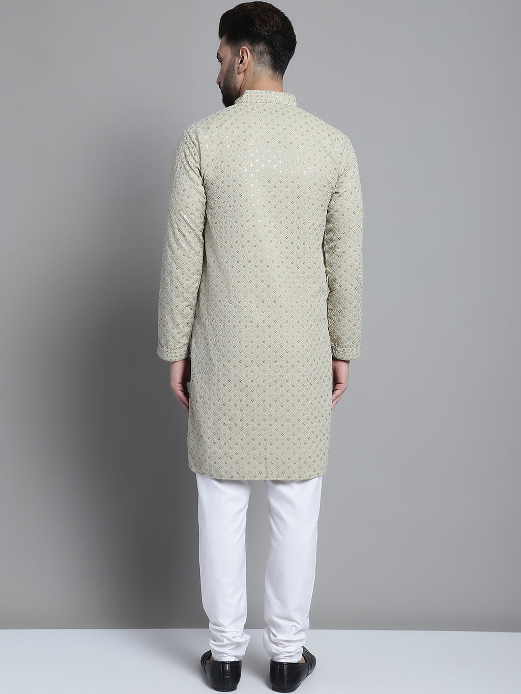 Jompers Men's Beige Chikankari Embroidered and Sequence Kurta with Churidar | Grocsy