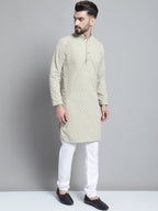 Jompers Men's Beige Chikankari Embroidered and Sequence Kurta with Churidar | Grocsy