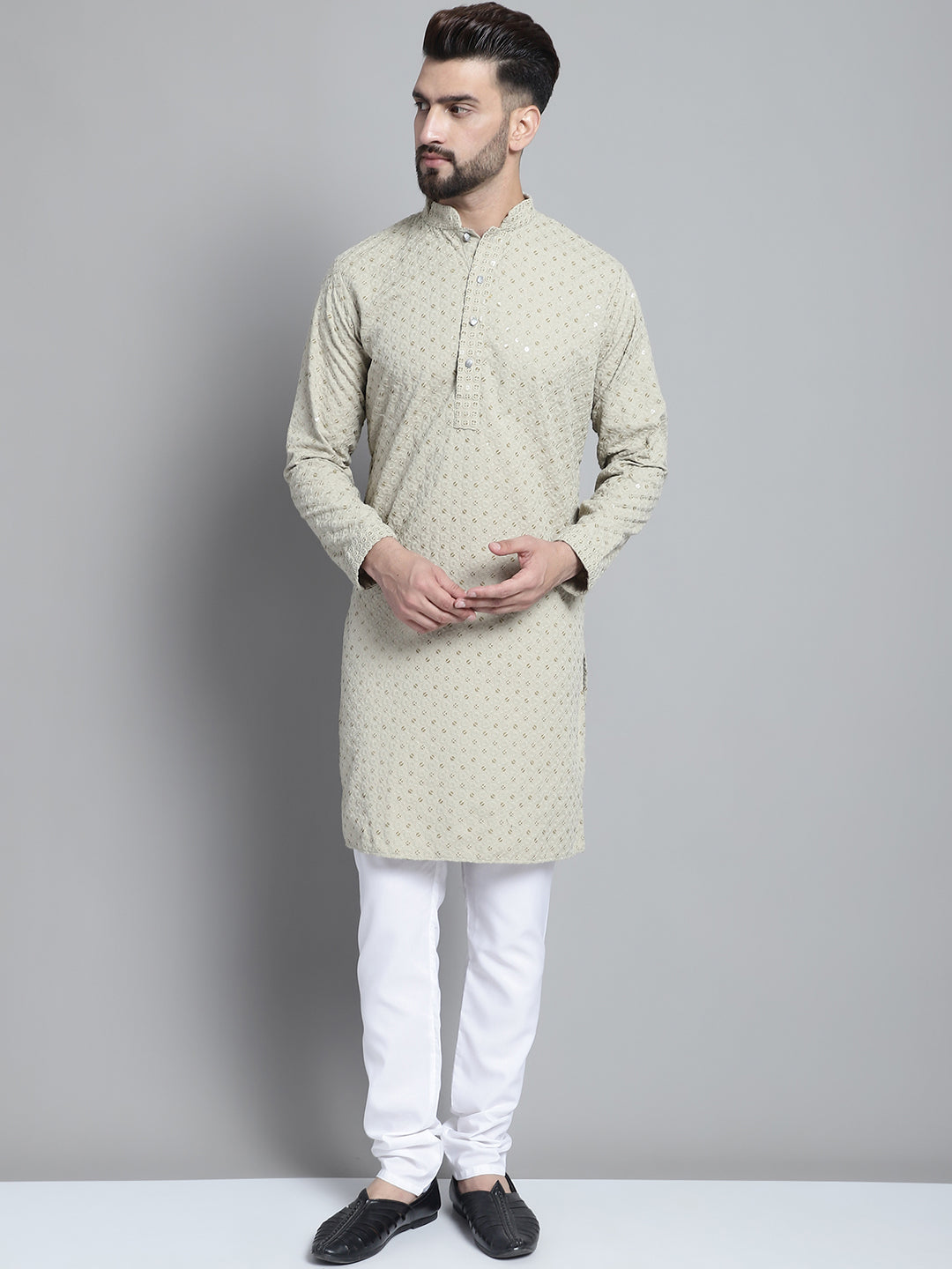 Jompers Men's Beige Chikankari Embroidered and Sequence Kurta with Churidar | Grocsy