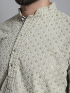 Jompers Men's Beige Chikankari Embroidered and Sequence Kurta with Churidar | Grocsy