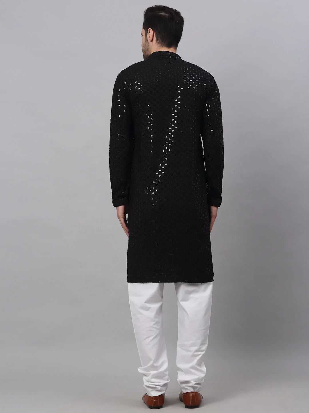 Jompers Men's Black Chikankari Embroidered and Sequence Kurta with Churidar | Grocsy