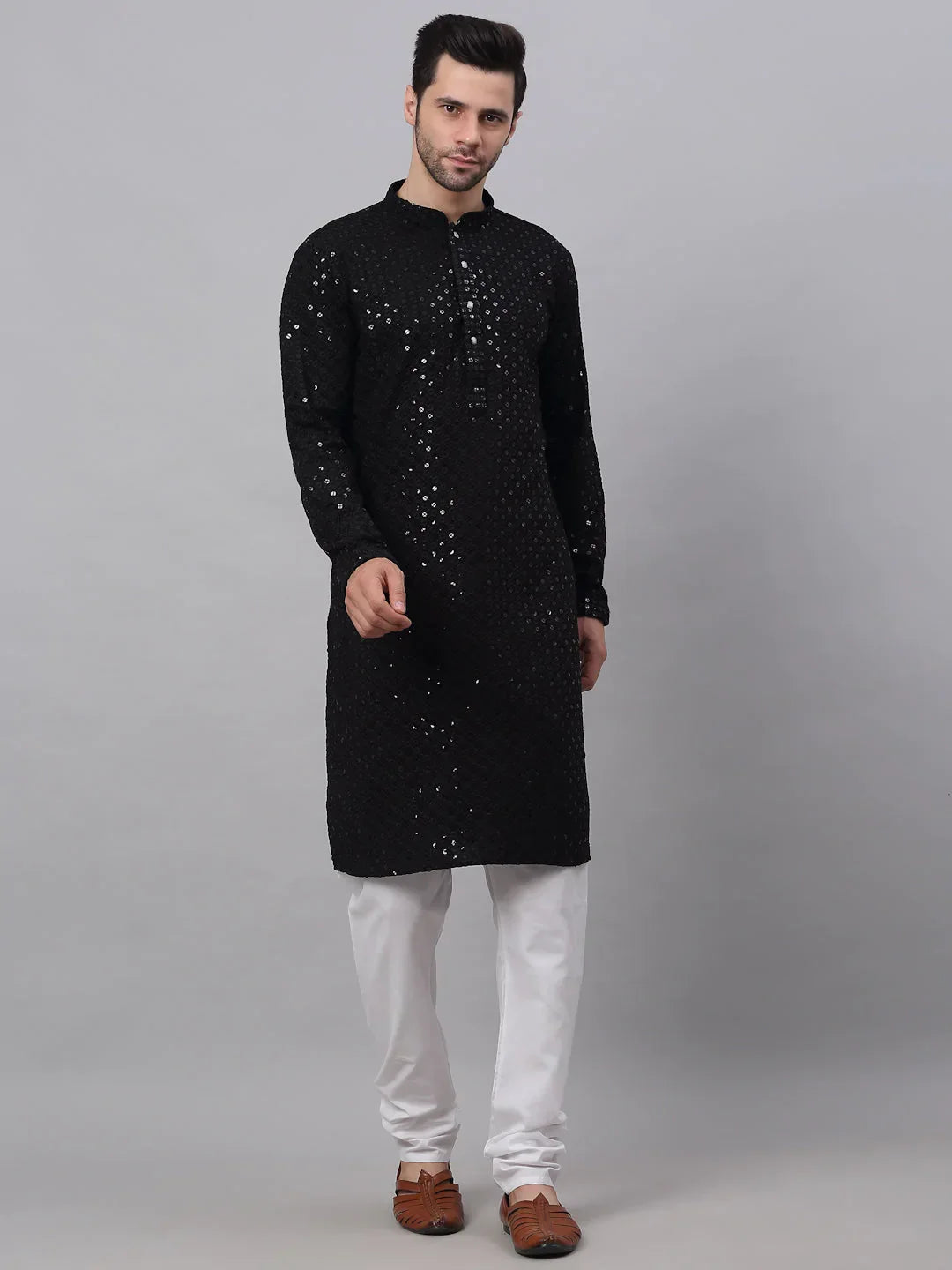 Jompers Men's Black Chikankari Embroidered and Sequence Kurta with Churidar | Grocsy