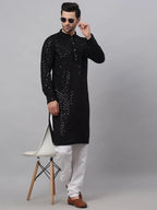 Jompers Men's Black Chikankari Embroidered and Sequence Kurta with Churidar | Grocsy