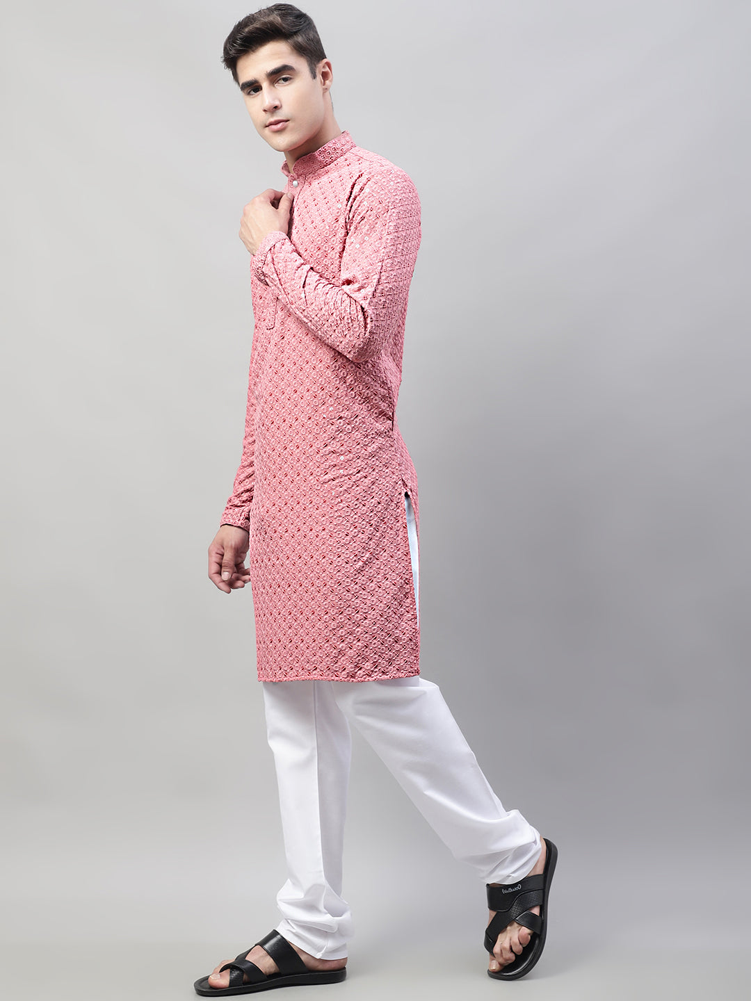Jompers Men's Coral Red Chikankari Embroidered and Sequence Kurta with Churidar | Grocsy