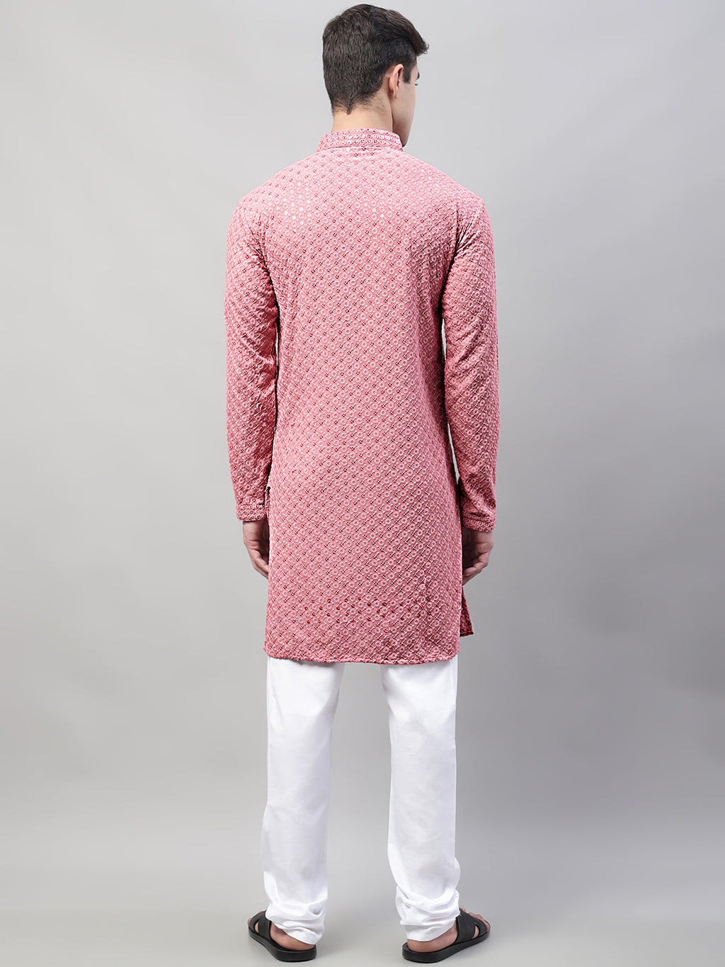 Jompers Men's Coral Red Chikankari Embroidered and Sequence Kurta with Churidar | Grocsy
