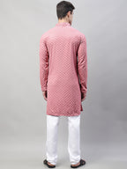 Jompers Men's Coral Red Chikankari Embroidered and Sequence Kurta with Churidar | Grocsy