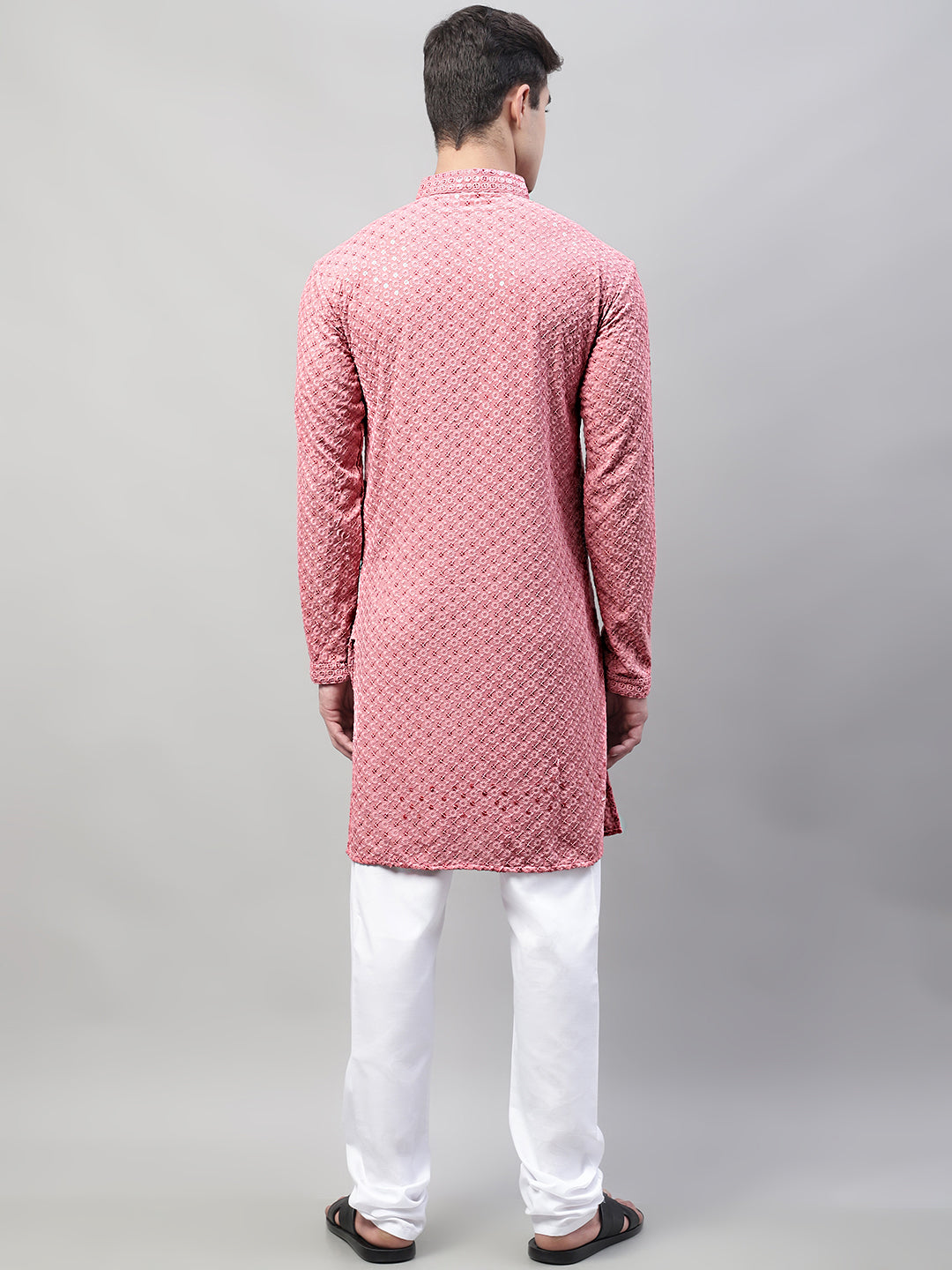 Jompers Men's Coral Red Chikankari Embroidered and Sequence Kurta with Churidar | Grocsy