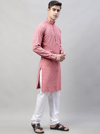 Jompers Men's Coral Red Chikankari Embroidered and Sequence Kurta with Churidar | Grocsy