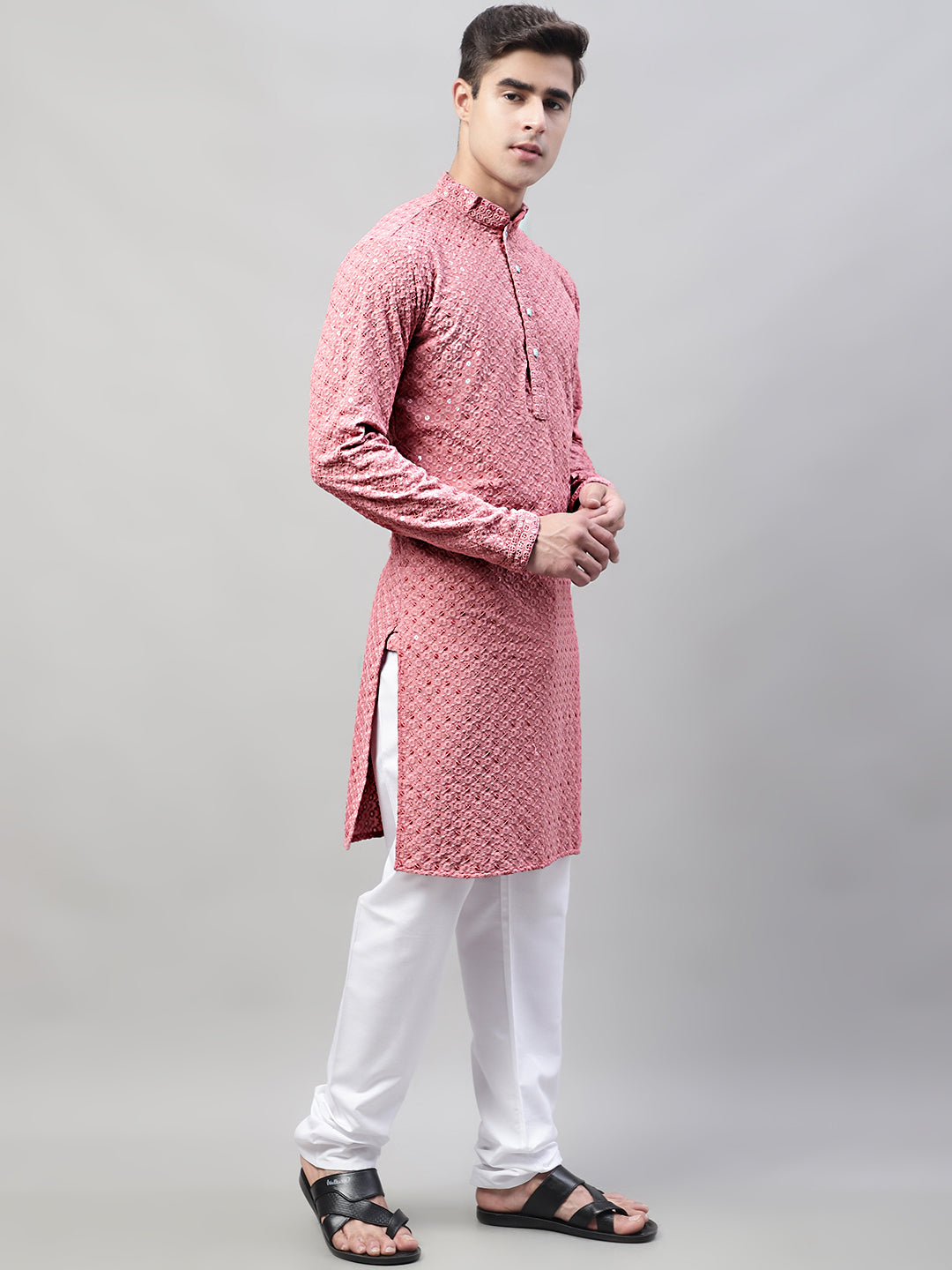 Jompers Men's Coral Red Chikankari Embroidered and Sequence Kurta with Churidar | Grocsy