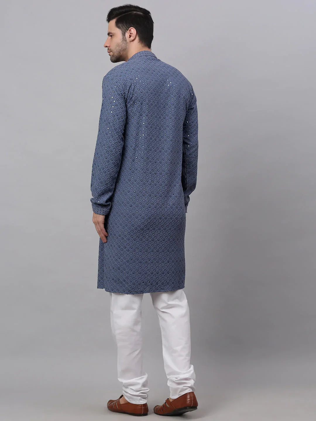 Jompers Men's Grey Chikankari Embroidered and Sequence Kurta with Churidar | Grocsy