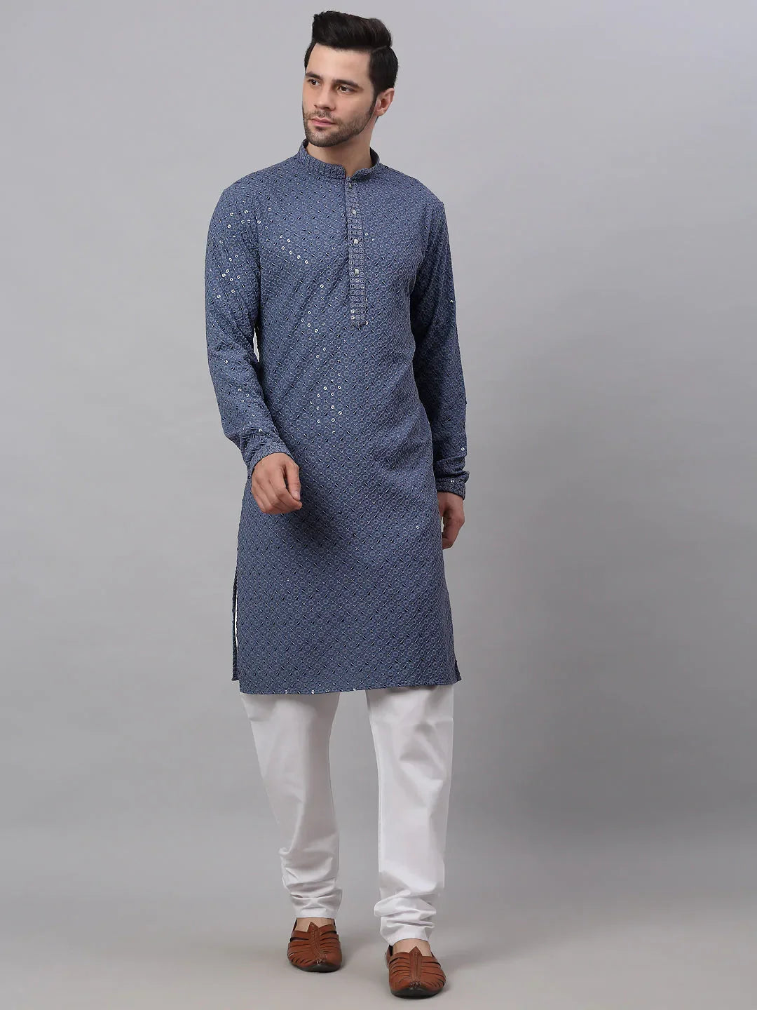 Jompers Men's Grey Chikankari Embroidered and Sequence Kurta with Churidar | Grocsy