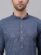 Jompers Men's Grey Chikankari Embroidered and Sequence Kurta with Churidar | Grocsy