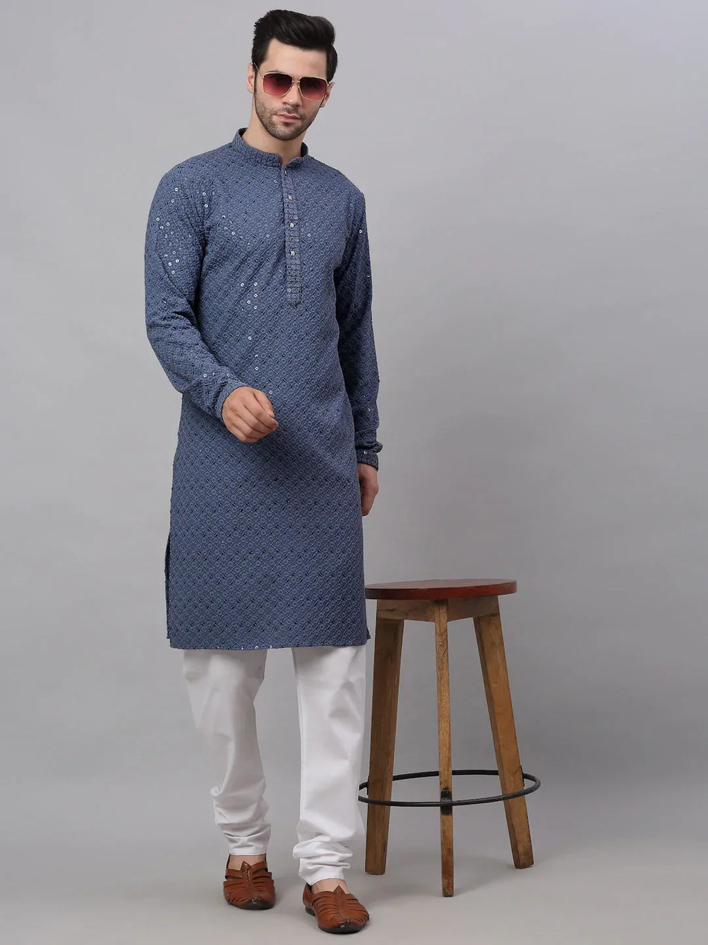 Jompers Men's Grey Chikankari Embroidered and Sequence Kurta with Churidar | Grocsy