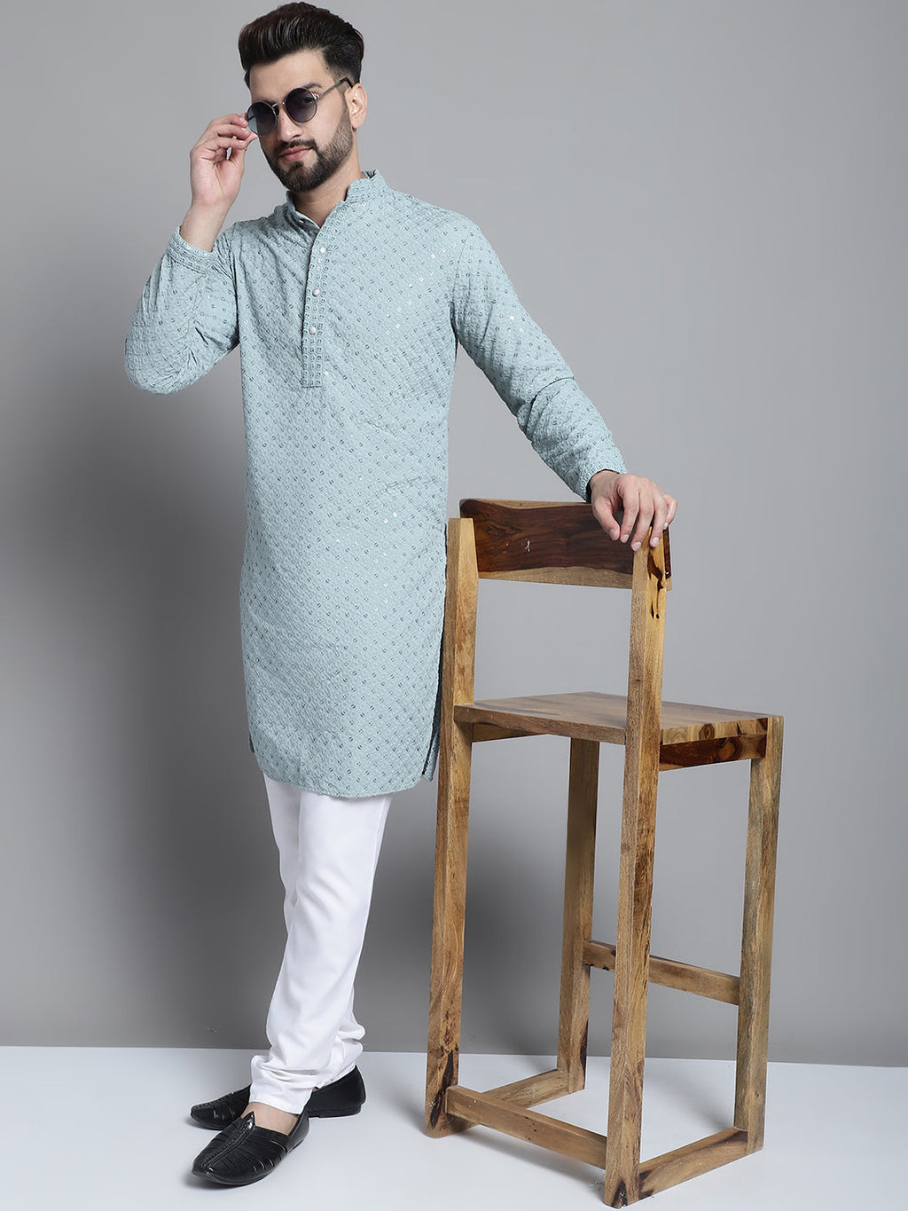 Jompers Men's Blue Chikankari Embroidered and Sequence Kurta with Churidar | Grocsy