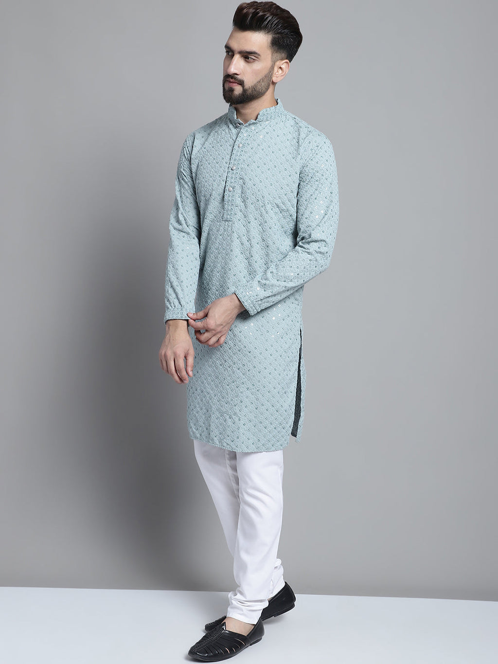 Jompers Men's Blue Chikankari Embroidered and Sequence Kurta with Churidar | Grocsy