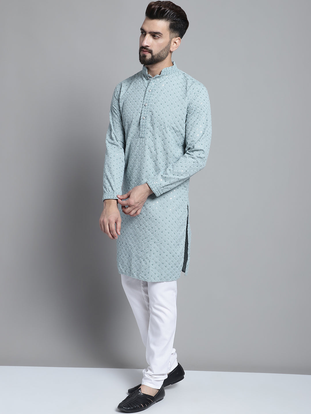 Jompers Men's Blue Chikankari Embroidered and Sequence Kurta with Churidar | Grocsy