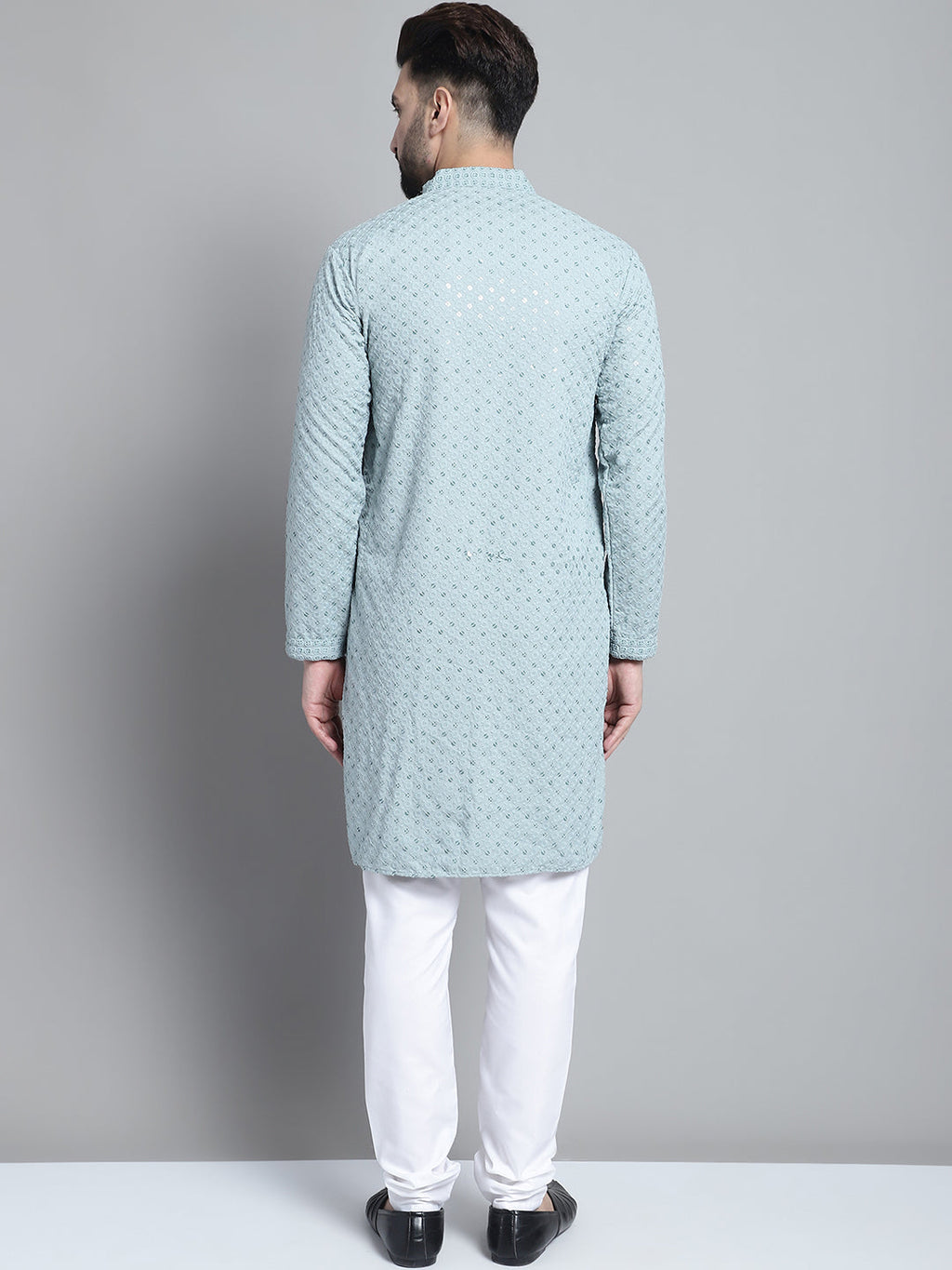 Jompers Men's Blue Chikankari Embroidered and Sequence Kurta with Churidar | Grocsy