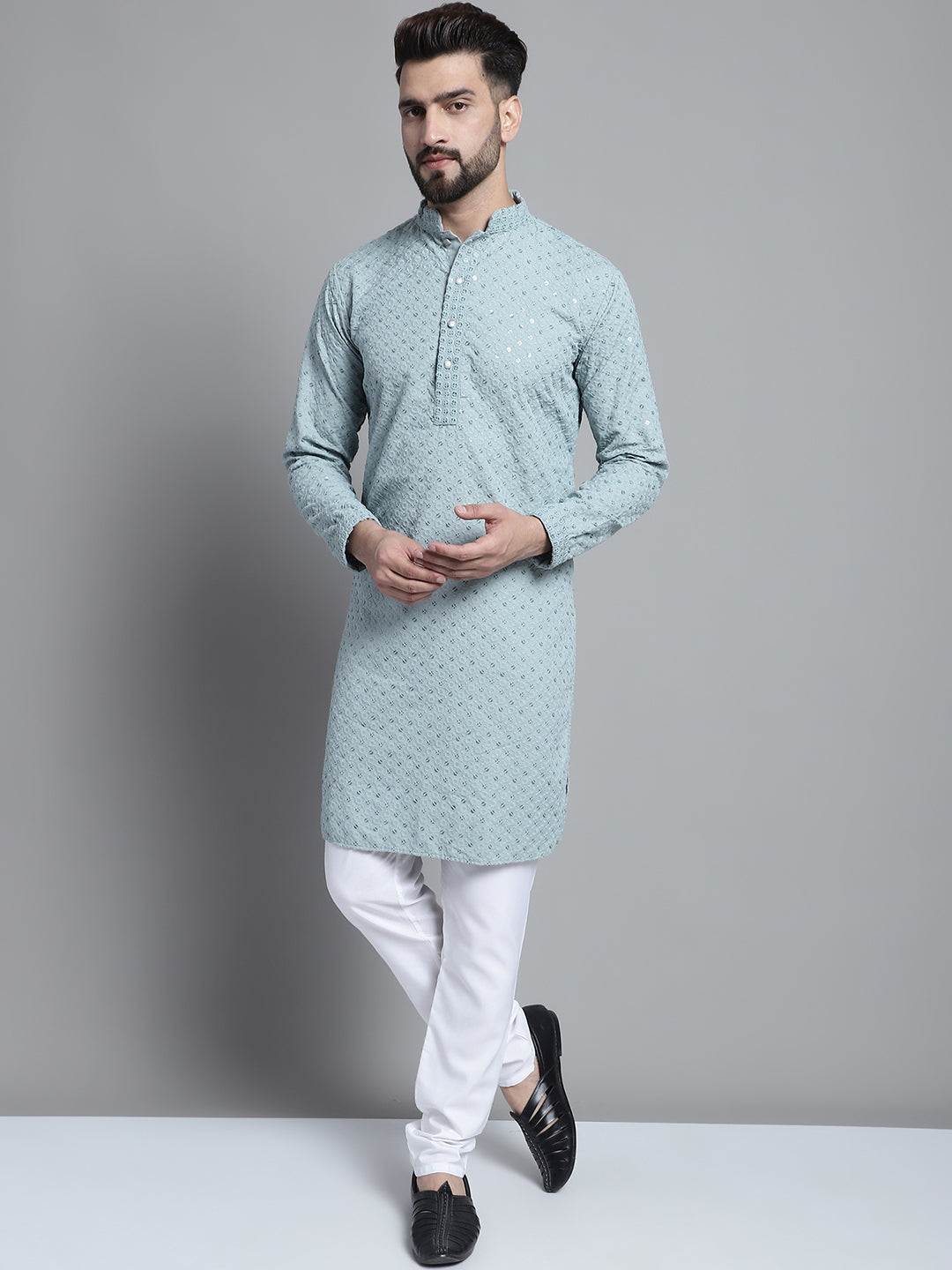 Jompers Men's Blue Chikankari Embroidered and Sequence Kurta with Churidar | Grocsy