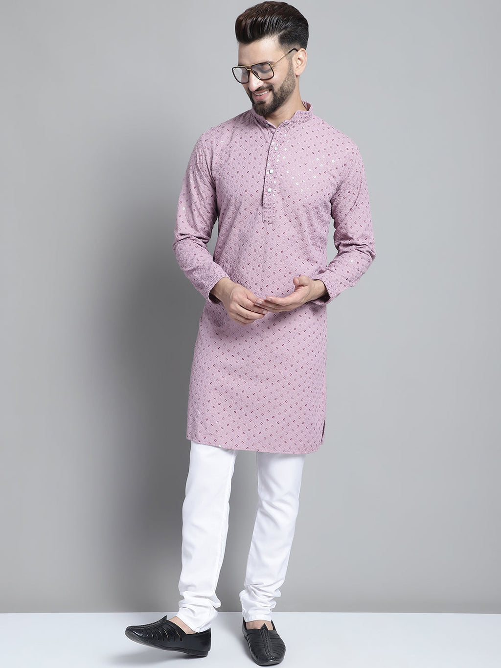 Jompers Men's Purple Chikankari Embroidered and Sequence Kurta with Churidar | Grocsy