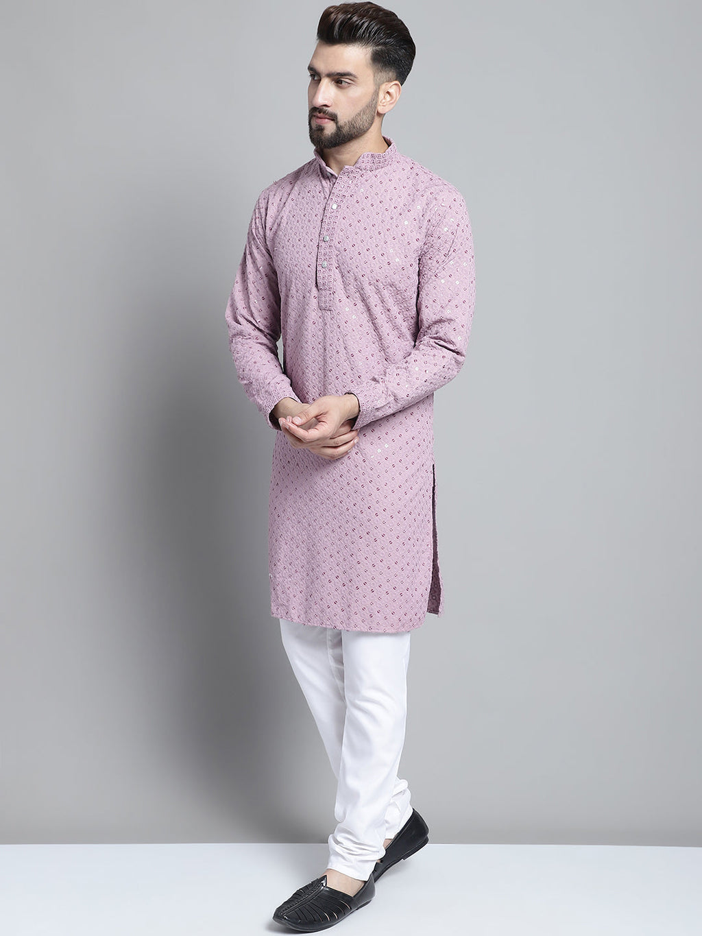 Jompers Men's Purple Chikankari Embroidered and Sequence Kurta with Churidar | Grocsy