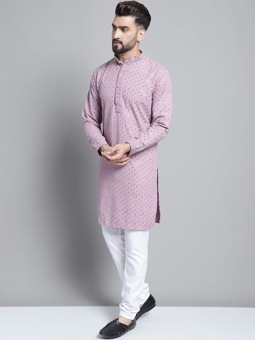 Jompers Men's Purple Chikankari Embroidered and Sequence Kurta with Churidar | Grocsy