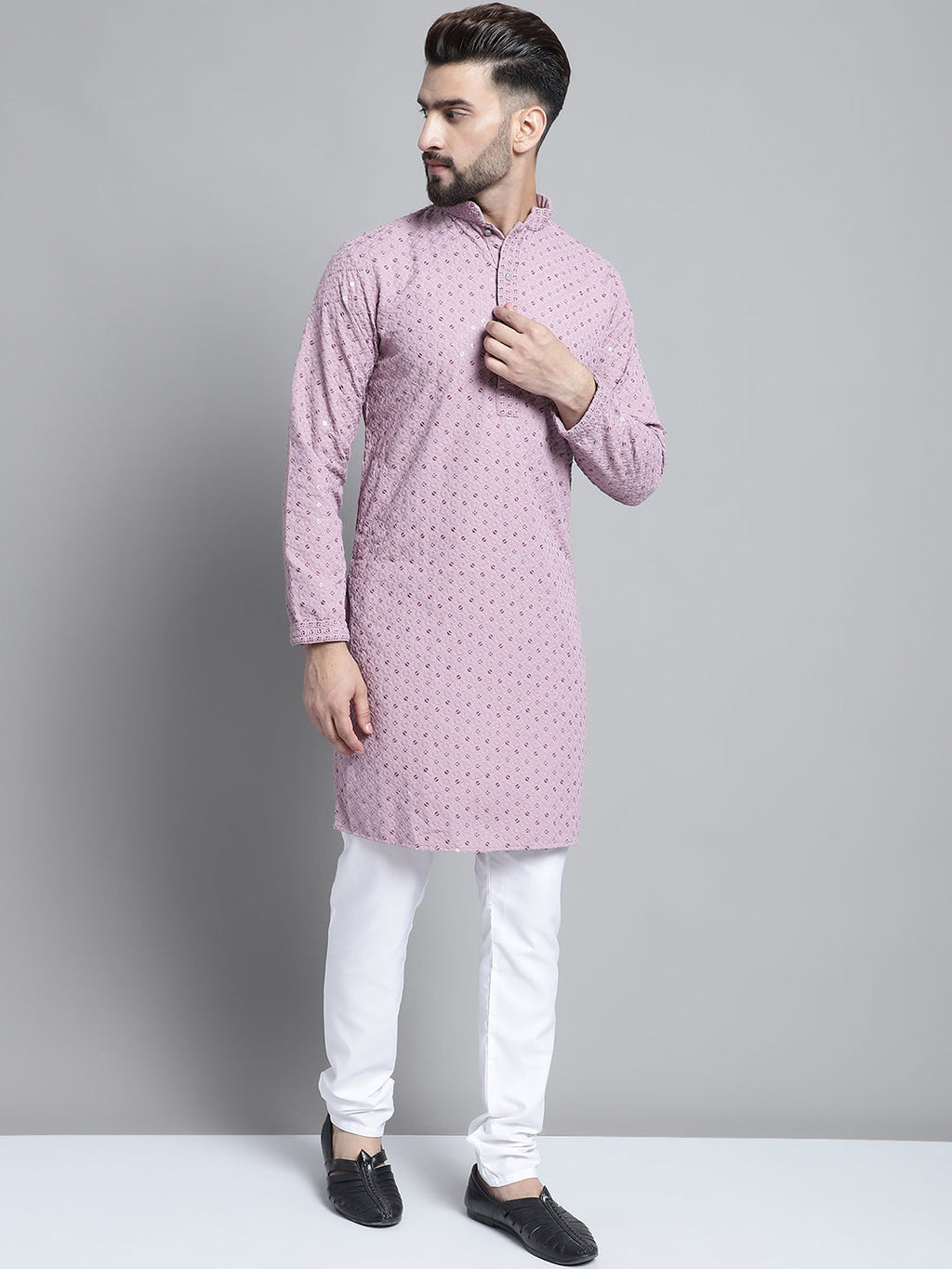 Jompers Men's Purple Chikankari Embroidered and Sequence Kurta with Churidar | Grocsy