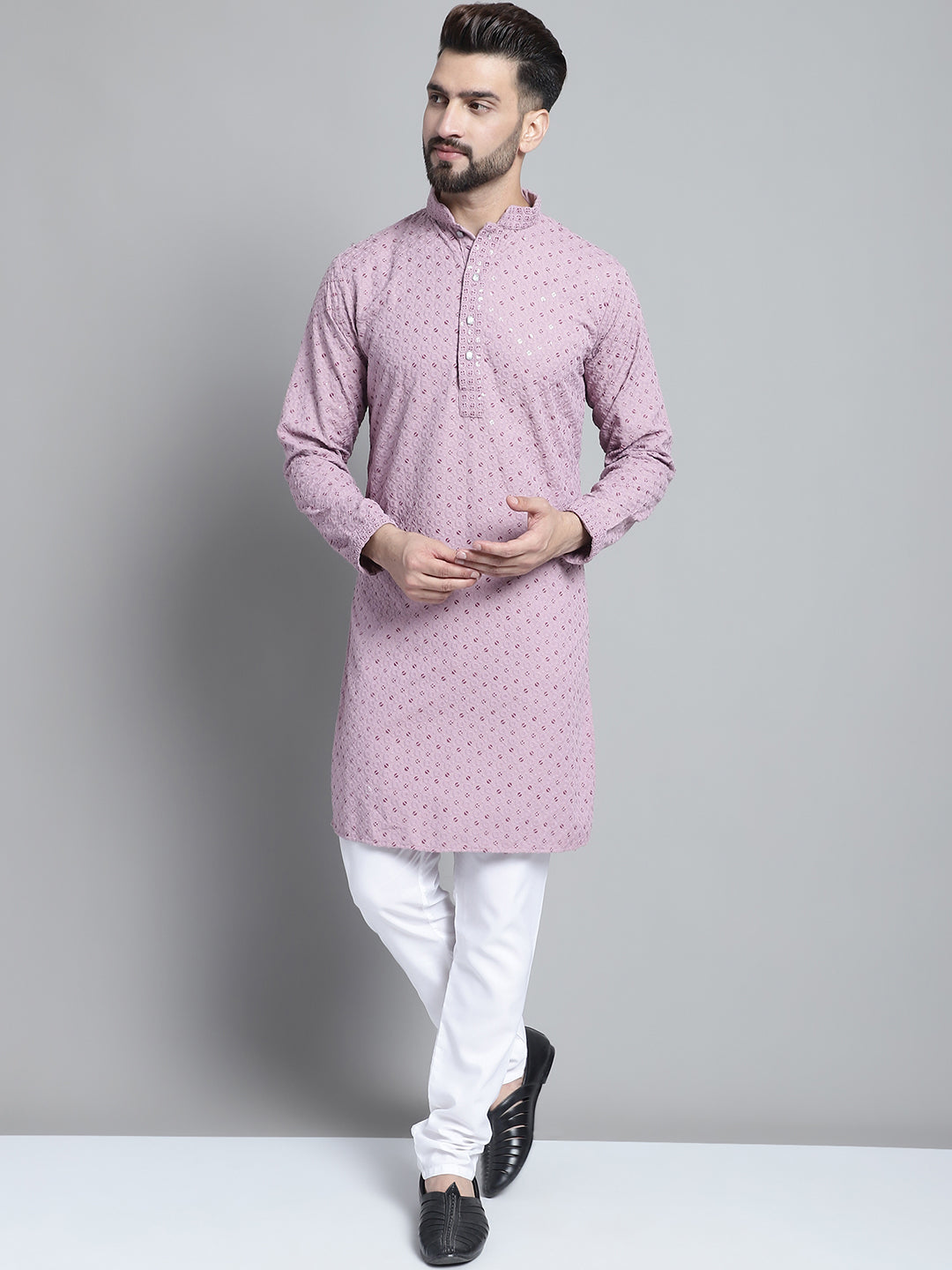 Jompers Men's Purple Chikankari Embroidered and Sequence Kurta with Churidar | Grocsy