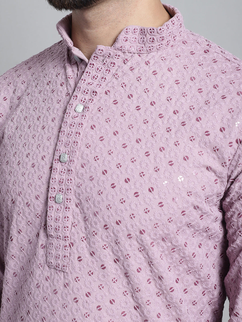 Jompers Men's Purple Chikankari Embroidered and Sequence Kurta with Churidar | Grocsy