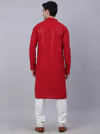 Jompers Men's Maroon Chikankari Embroidered and Sequence Kurta with Churidar | Grocsy