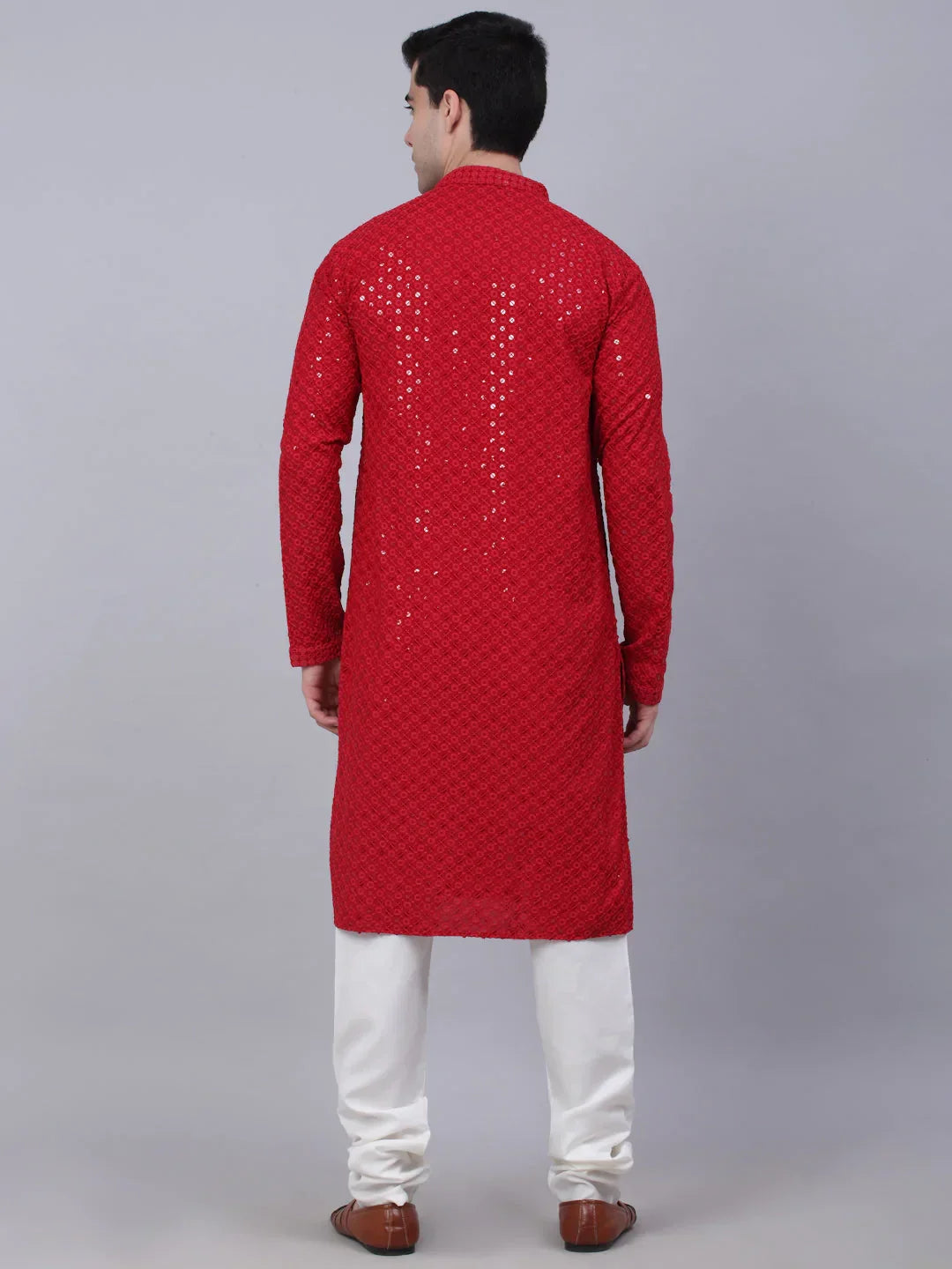 Jompers Men's Maroon Chikankari Embroidered and Sequence Kurta with Churidar | Grocsy