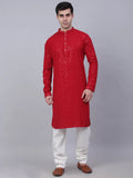 Jompers Men's Maroon Chikankari Embroidered and Sequence Kurta with Churidar | Grocsy