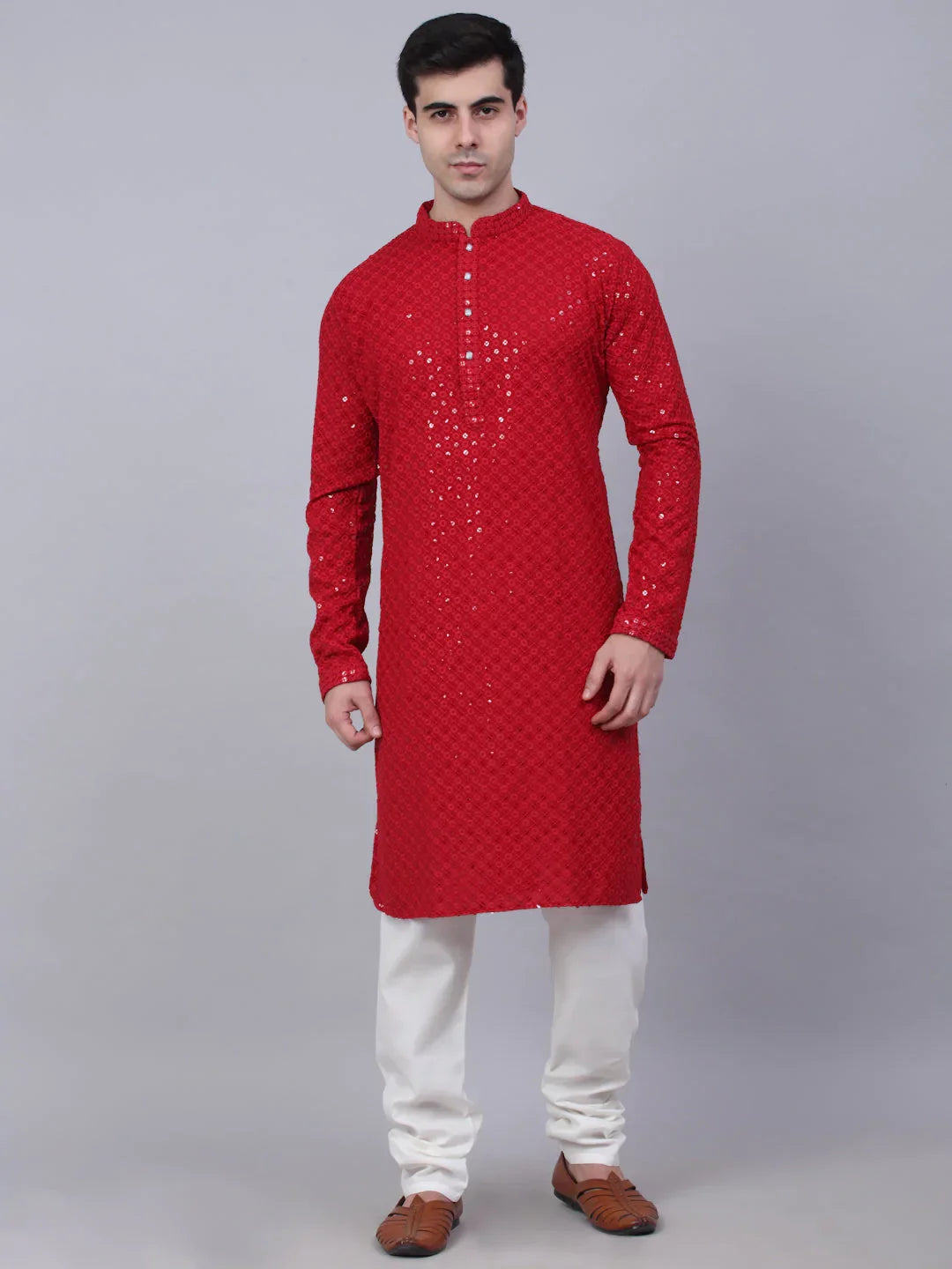 Jompers Men's Maroon Chikankari Embroidered and Sequence Kurta with Churidar | Grocsy