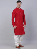 Jompers Men's Maroon Chikankari Embroidered and Sequence Kurta with Churidar | Grocsy