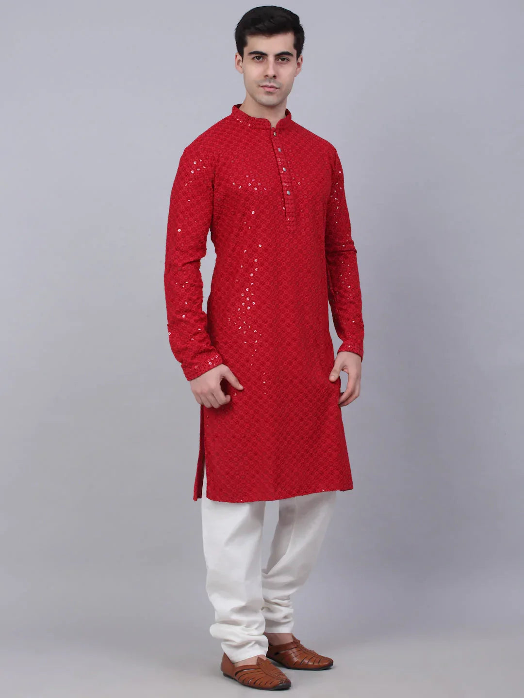 Jompers Men's Maroon Chikankari Embroidered and Sequence Kurta with Churidar | Grocsy