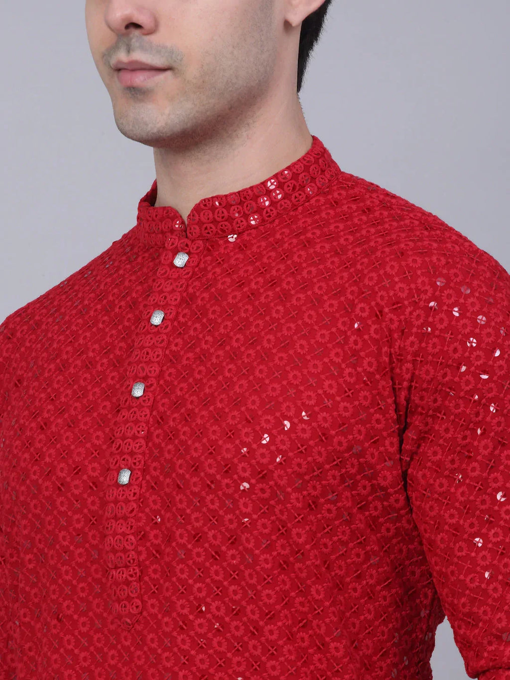 Jompers Men's Maroon Chikankari Embroidered and Sequence Kurta with Churidar | Grocsy
