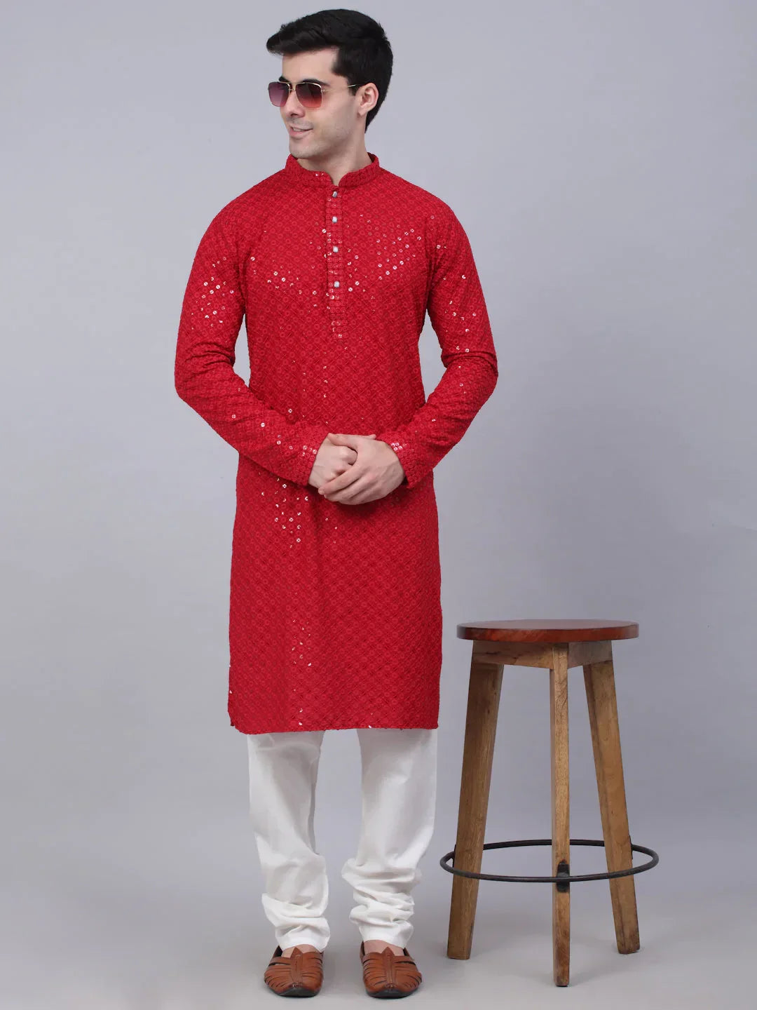 Jompers Men's Maroon Chikankari Embroidered and Sequence Kurta with Churidar | Grocsy