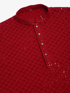 Jompers Men's Maroon Chikankari Embroidered and Sequence Kurta with Churidar | Grocsy