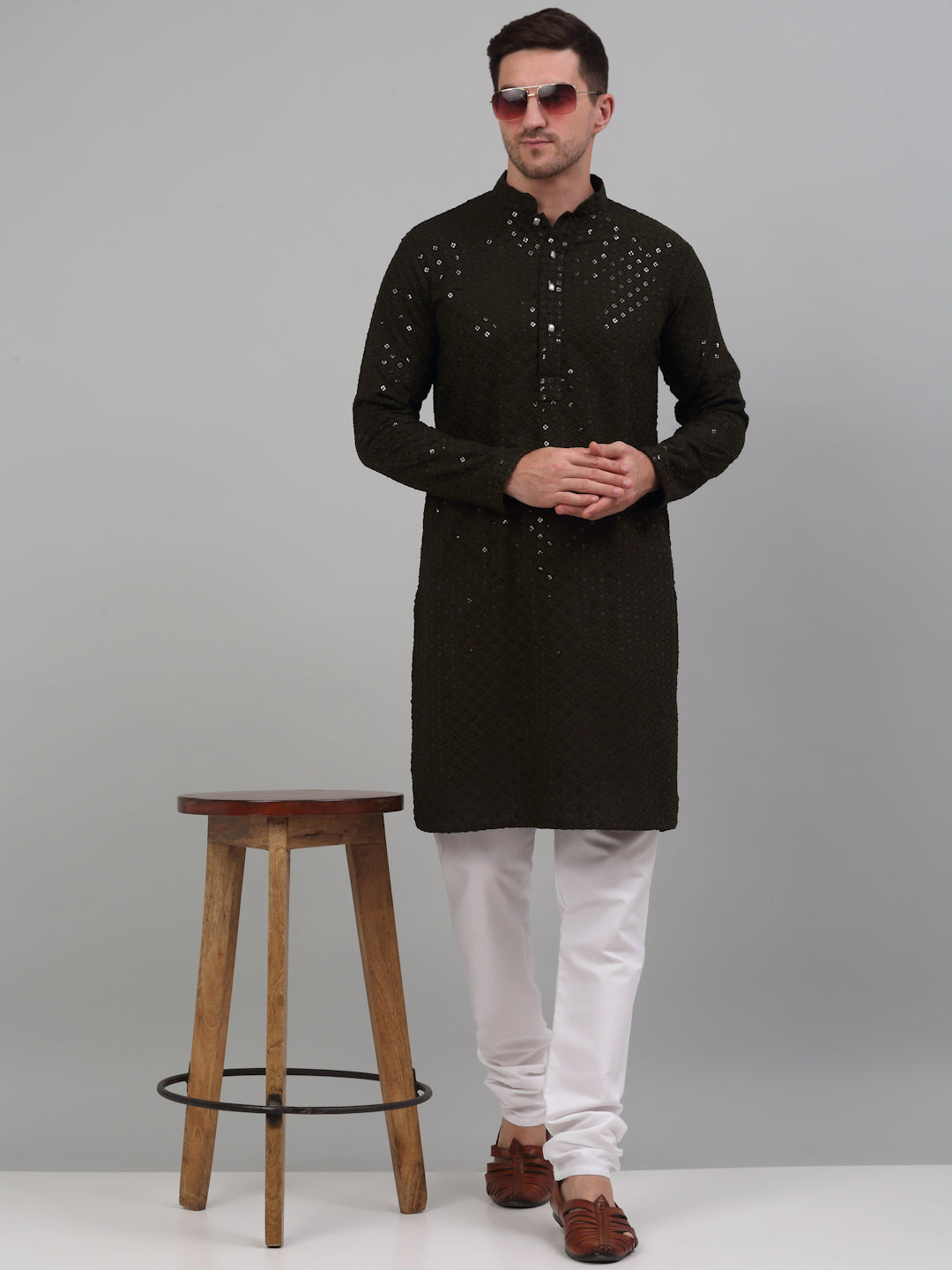 Jompers Men's Mehndi Green Chikankari Embroidered and Sequence Kurta with Churidar | Grocsy