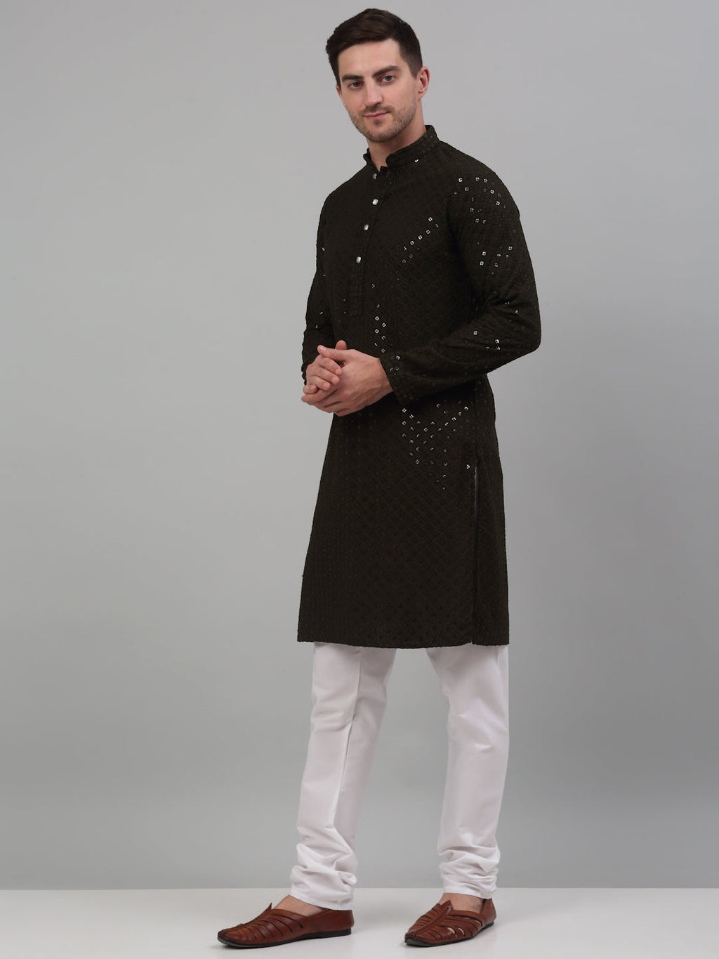 Jompers Men's Mehndi Green Chikankari Embroidered and Sequence Kurta with Churidar | Grocsy