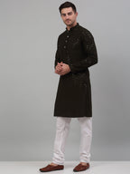 Jompers Men's Mehndi Green Chikankari Embroidered and Sequence Kurta with Churidar | Grocsy