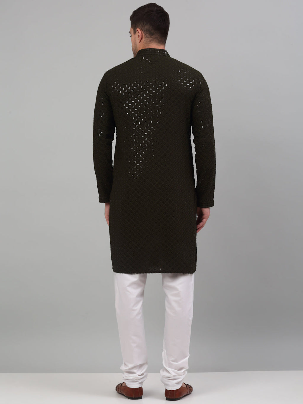 Jompers Men's Mehndi Green Chikankari Embroidered and Sequence Kurta with Churidar | Grocsy