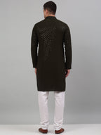 Jompers Men's Mehndi Green Chikankari Embroidered and Sequence Kurta with Churidar | Grocsy