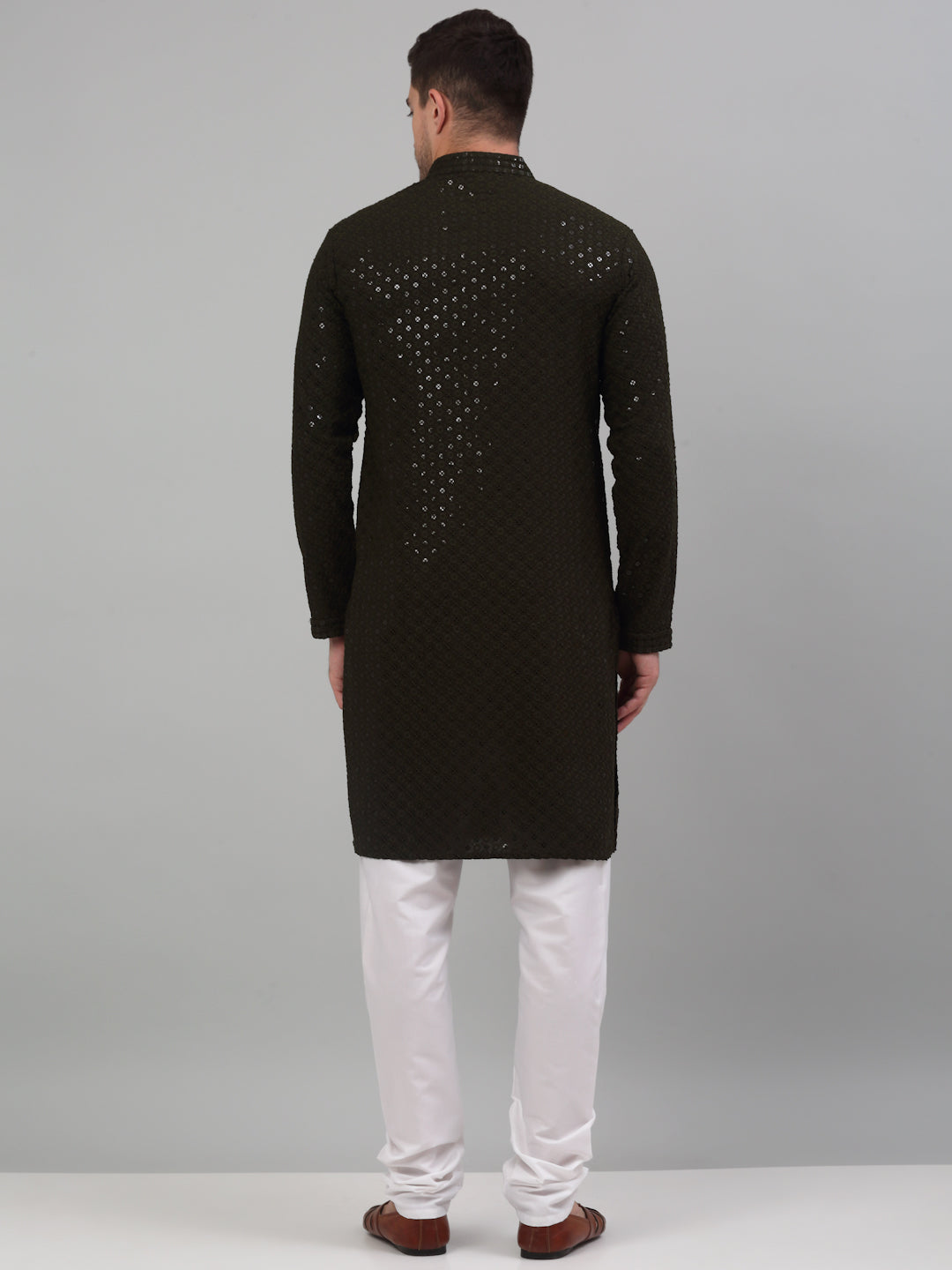 Jompers Men's Mehndi Green Chikankari Embroidered and Sequence Kurta with Churidar | Grocsy