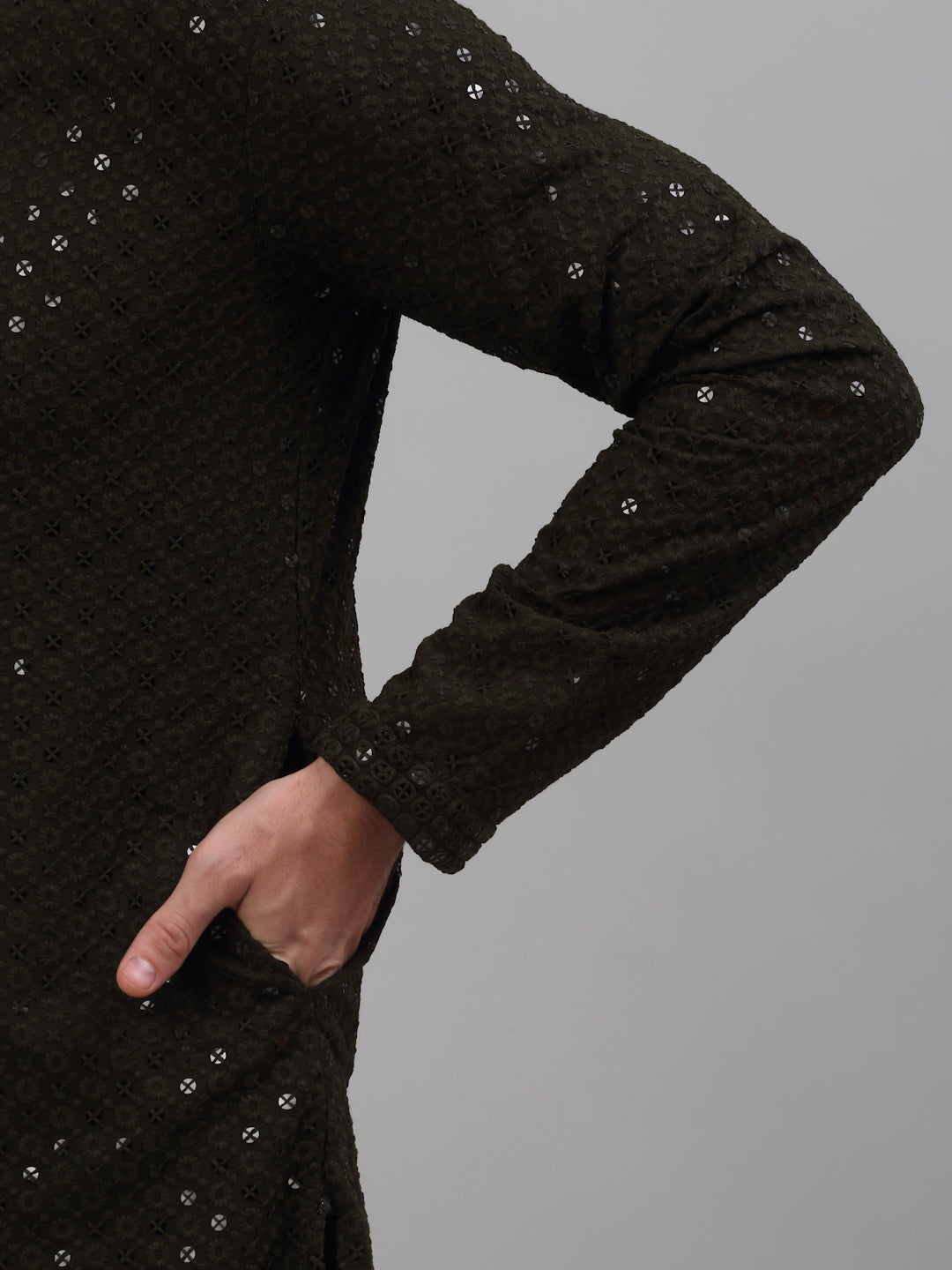 Jompers Men's Mehndi Green Chikankari Embroidered and Sequence Kurta with Churidar | Grocsy