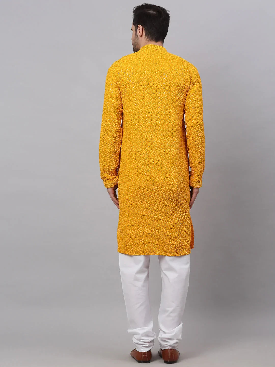 Jompers Men's Mustard Chikankari Embroidered and Sequence Kurta with Churidar | Grocsy