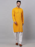Jompers Men's Mustard Chikankari Embroidered and Sequence Kurta with Churidar | Grocsy