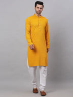 Jompers Men's Mustard Chikankari Embroidered and Sequence Kurta with Churidar | Grocsy
