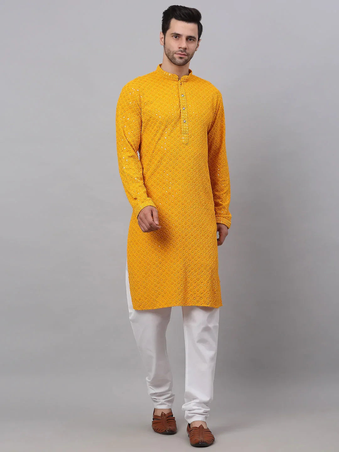 Jompers Men's Mustard Chikankari Embroidered and Sequence Kurta with Churidar | Grocsy