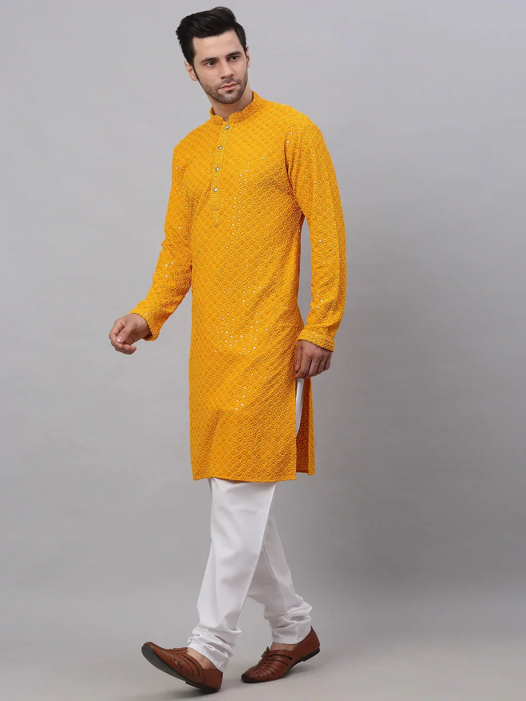Jompers Men's Mustard Chikankari Embroidered and Sequence Kurta with Churidar | Grocsy