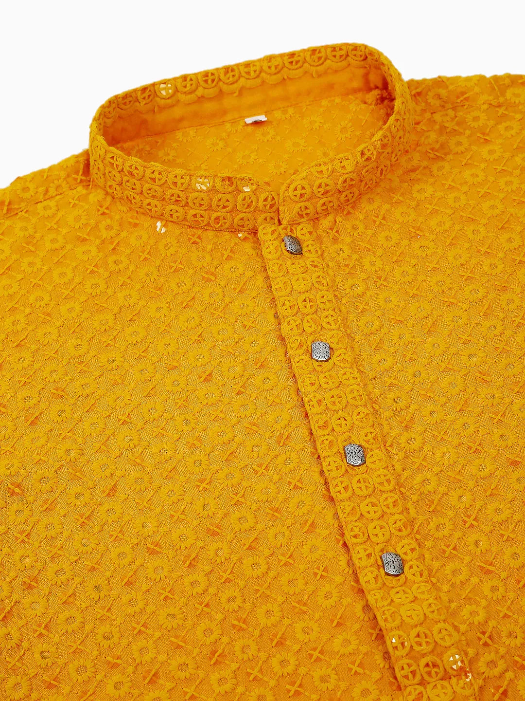 Jompers Men's Mustard Chikankari Embroidered and Sequence Kurta with Churidar | Grocsy